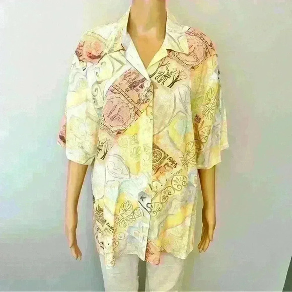 Steilmann Oversized Artsy Pastel Pattern Colorful  Boho Button Down Shirt Blouse - Picture 2 of 12